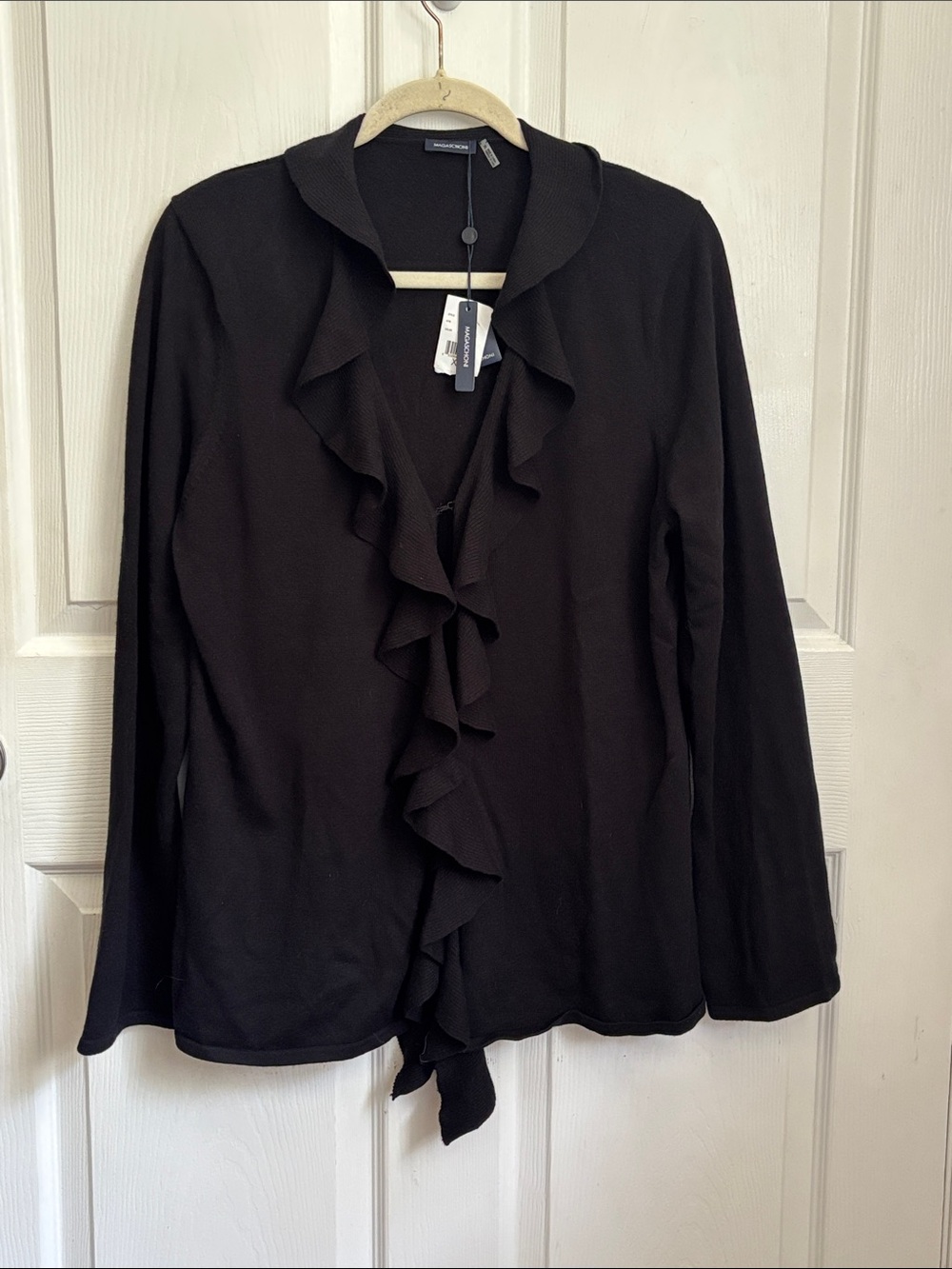 NEW MAGASHONI Black Ruffle Front Long Sleeve Cardigan XL Cashmere Cotton Blend